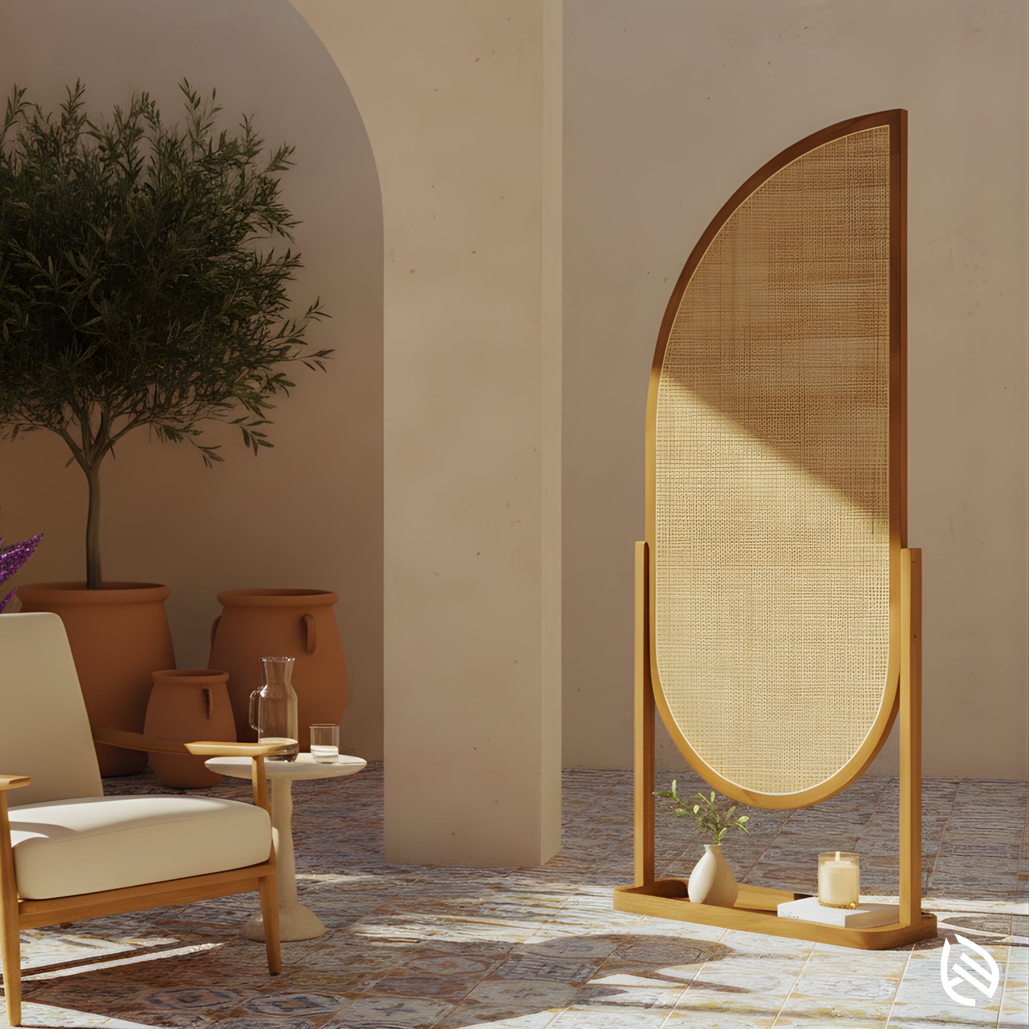 Golden Arc rattan privacy screen on shaded patio; natural cane with wooden base.