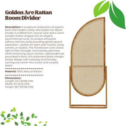Product card - Golden Arc dimensions 66 in H × 24 in W × 6 in D; single panel cane screen.