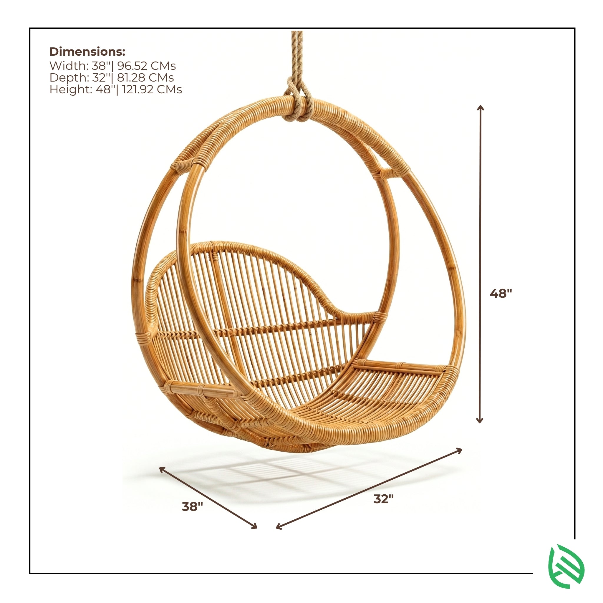 Wicker hanging chair with dimensions on a white background