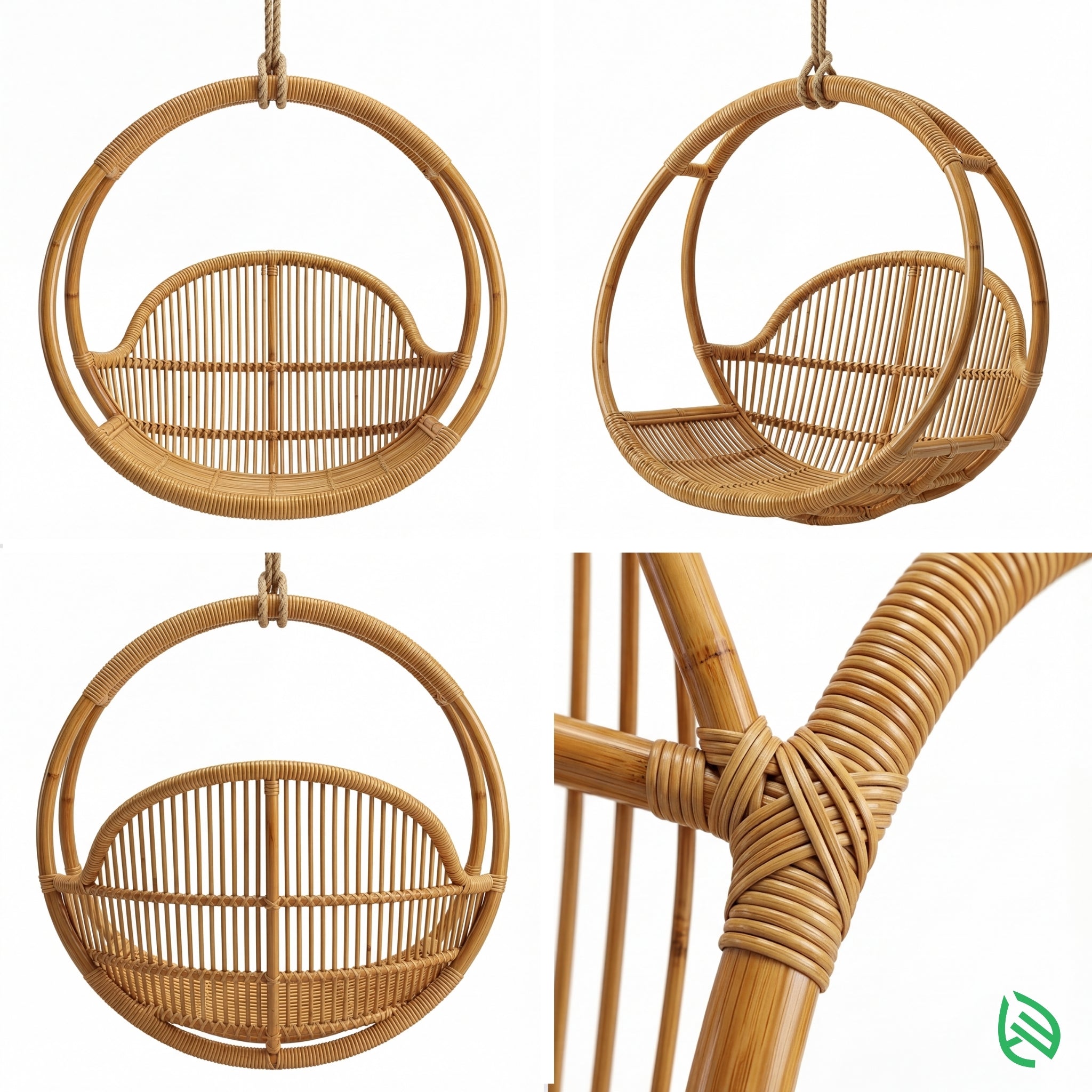 Woven hanging chair made of natural materials on a white background