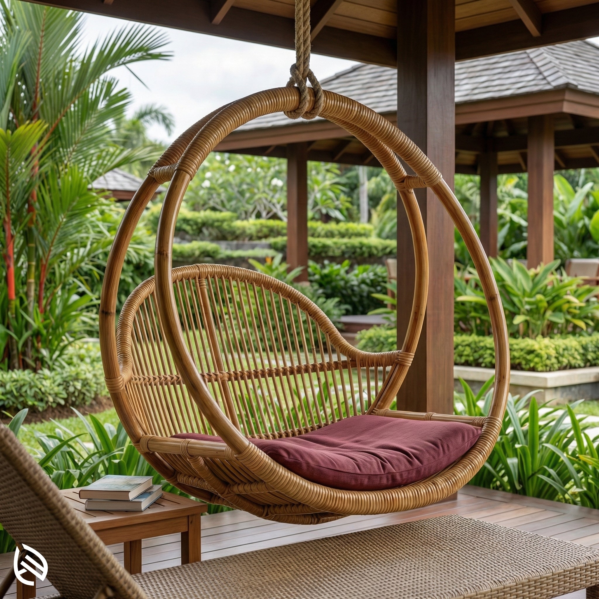 Wicker hanging chair with a red cushion on a patio with greenery in the background