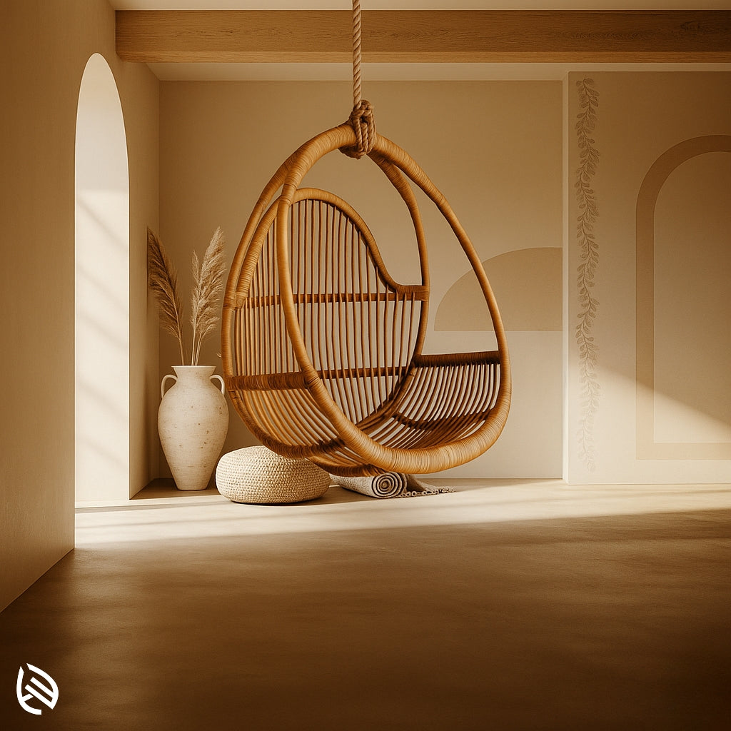 Round rattan hanging swing with sculpted frame and curved backrest, handcrafted for relaxing indoor spaces