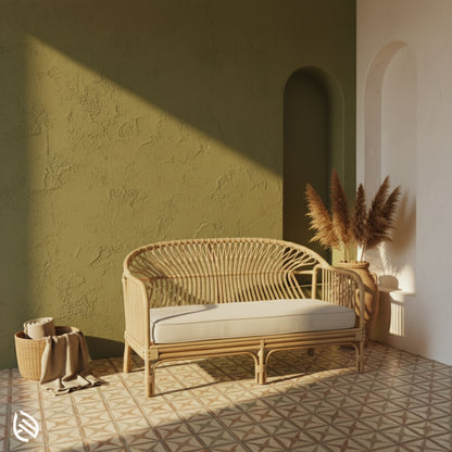 Hikari Nest natural rattan 2-seater sofa on tiled patio with pampas, sunburst backrest