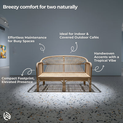 Graphic callouts showing breezy comfort, handwoven accents, café-ready rattan sofa