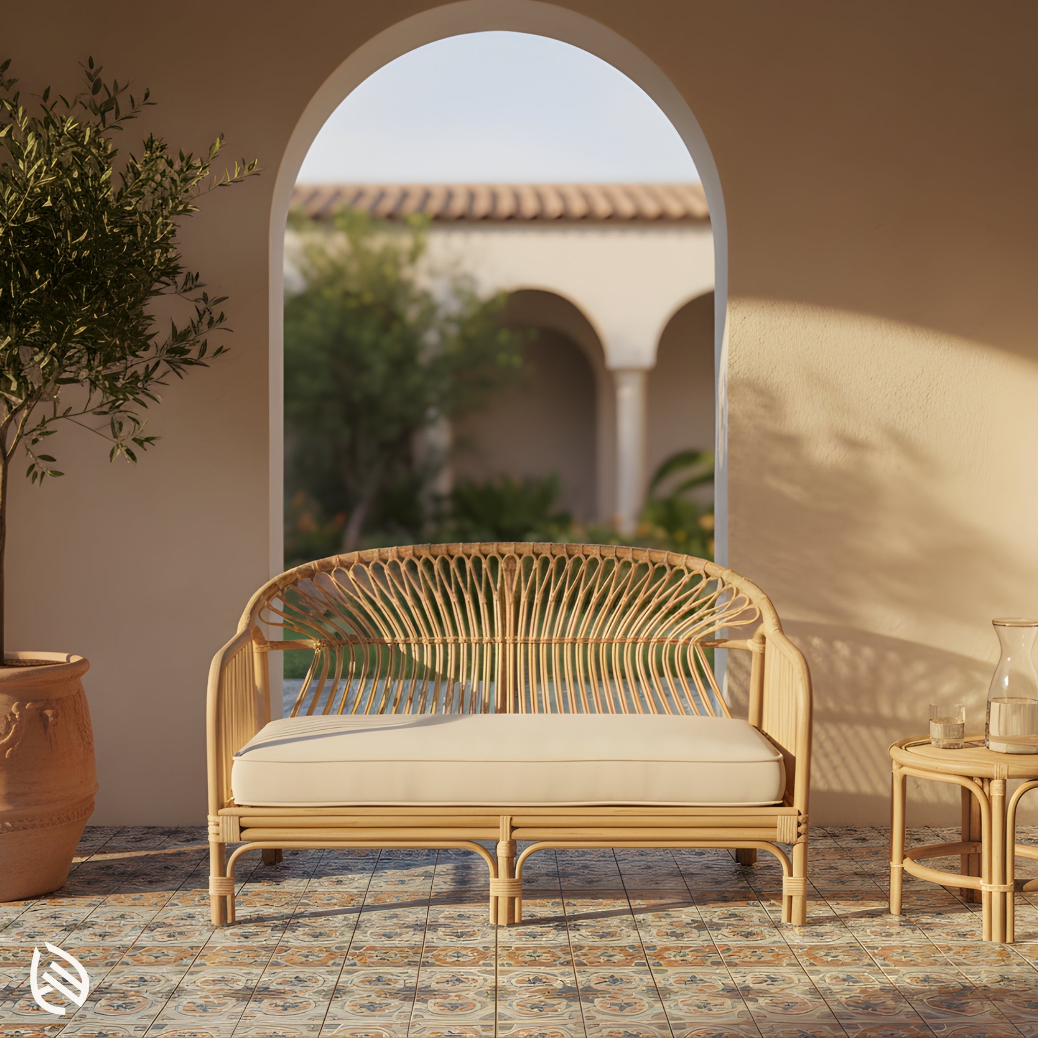 Rattan 2-seater cane sofa under archway, neutral cushion, compact footprint