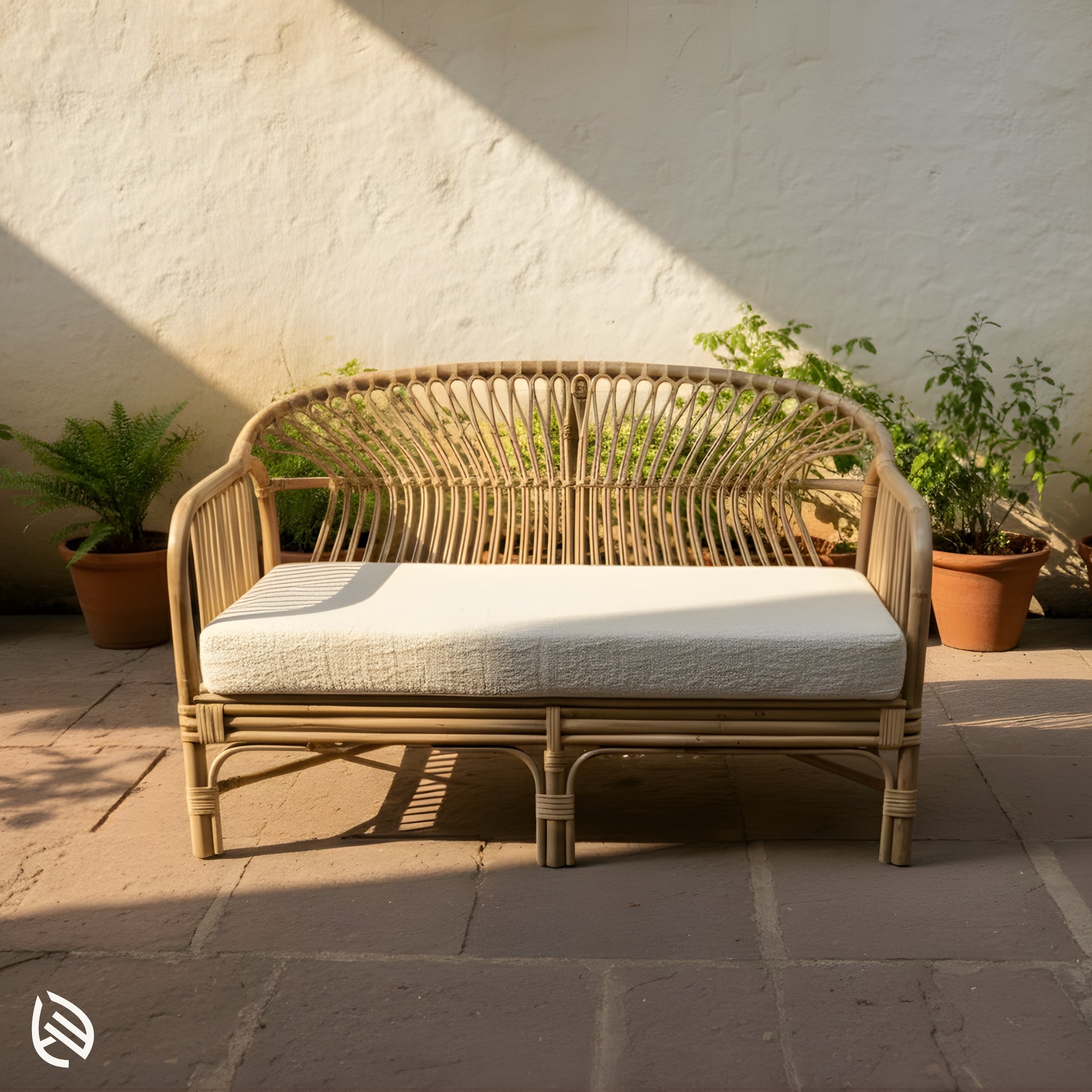 Close front view of cane sofa on courtyard, 50x30x30 silhouette