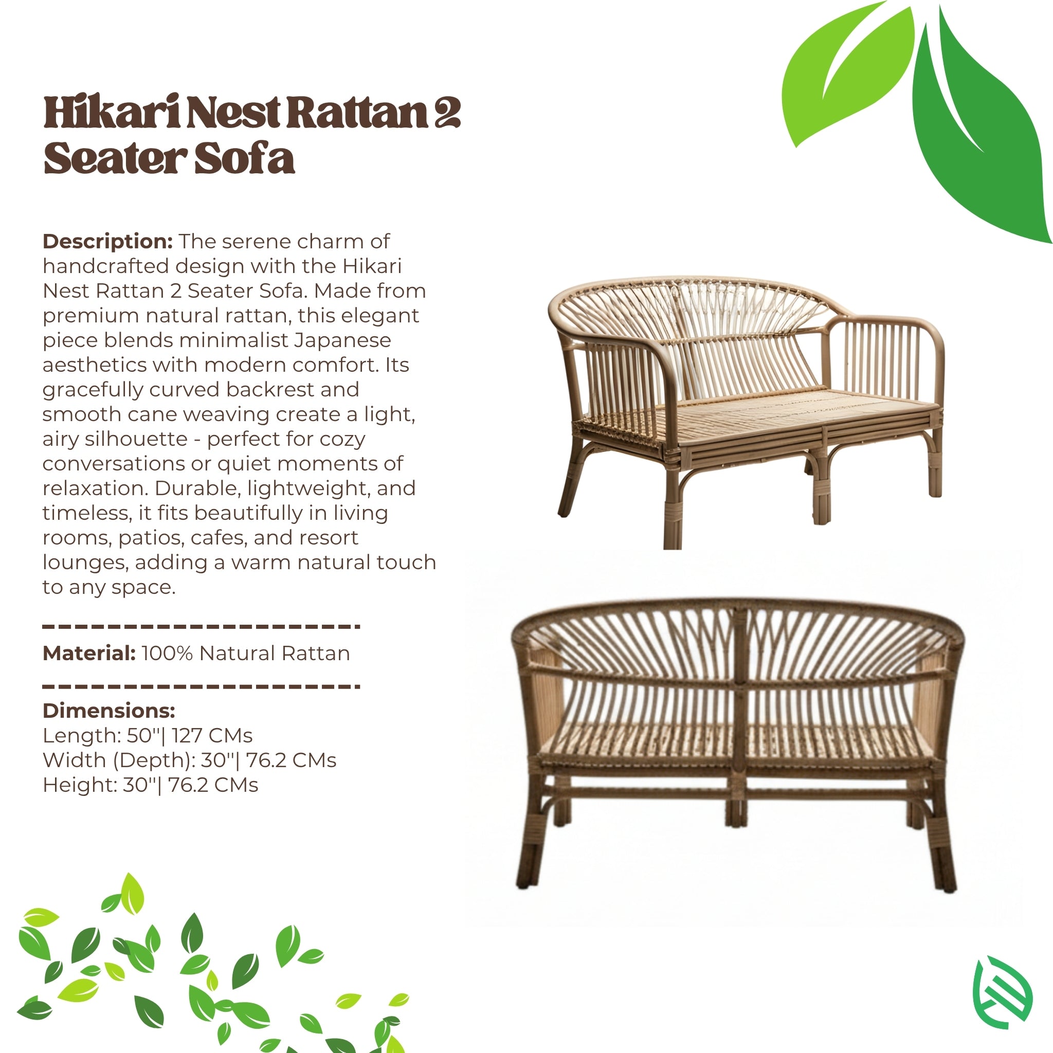 HikariNest 2 Seater Sofa with product description and specifications on a white background.
