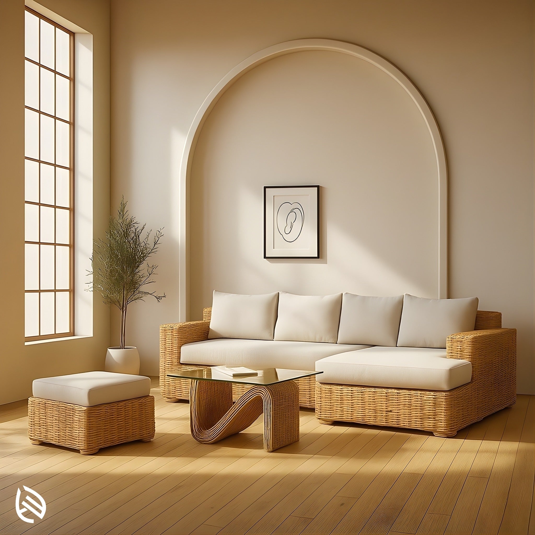 L Shaped Rattan Sofa Set in natural rattan with cream cushions and glass coffee table in a modern neutral living room.