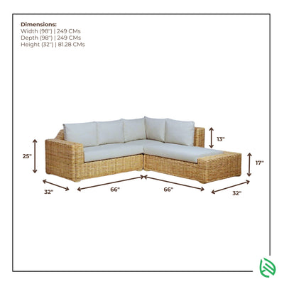 Dimension diagram of L Shaped Rattan Sofa Set showing overall width, depth, seat height, and chaise lengths.