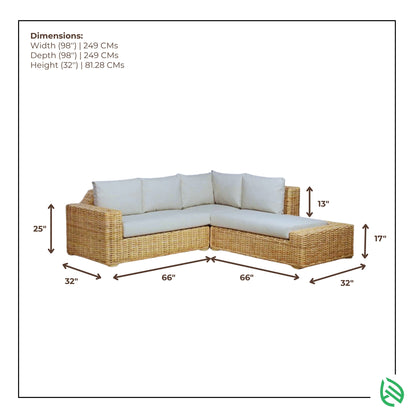 Dimension diagram of L Shaped Rattan Sofa Set showing overall width, depth, seat height, and chaise lengths.