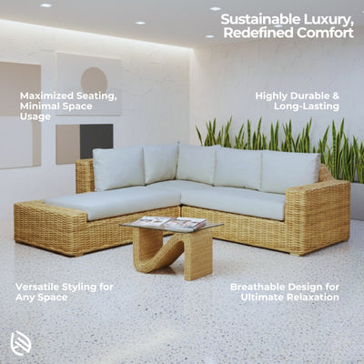 Feature graphic: L Shaped Rattan Sofa Set highlighting sustainable, breathable, durable natural rattan construction.