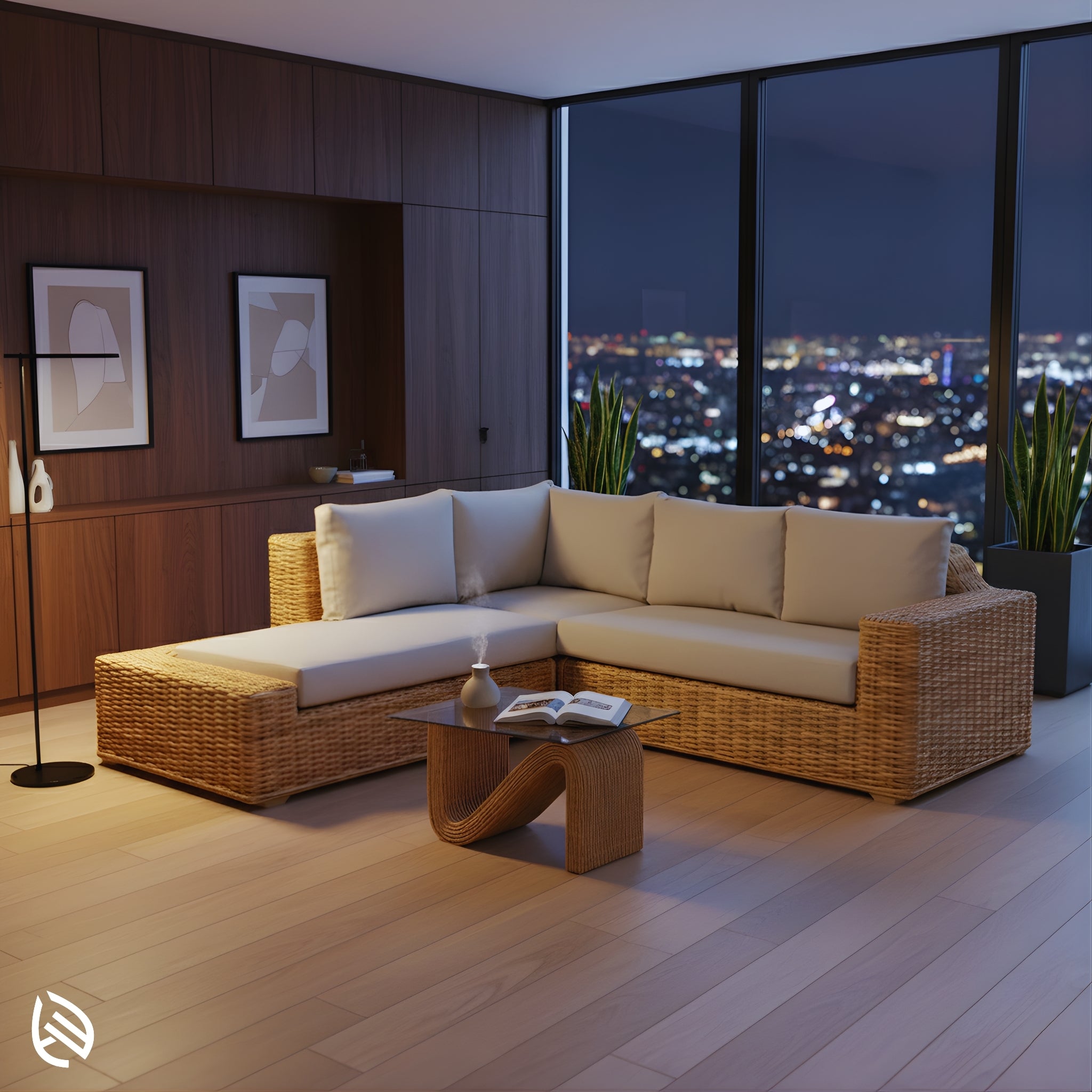 Contemporary apartment at night featuring L Shaped Rattan Sofa Set with city-view backdrop and minimalist décor.