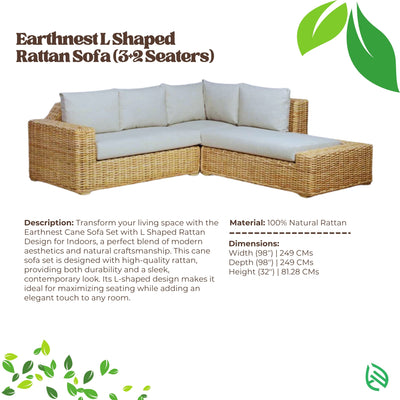 Product spec sheet of L Shaped Rattan Sofa Set - natural rattan sectional with cream cushions and size details.