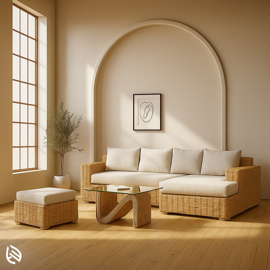 L-shaped sectional rattan sofa with woven cane base and off-white cushions, perfect for spacious lounges and corner settings