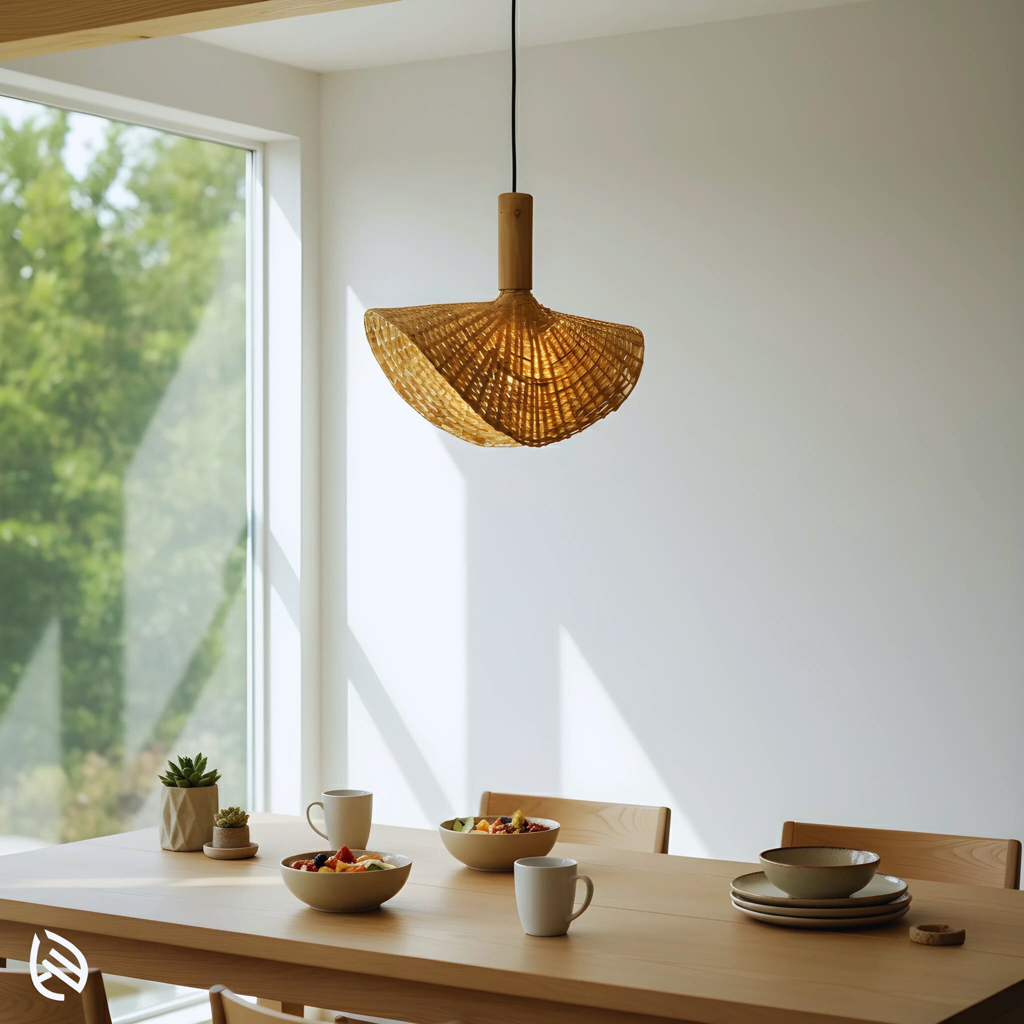Bamboo pendant over dining table near window - Indian home décor