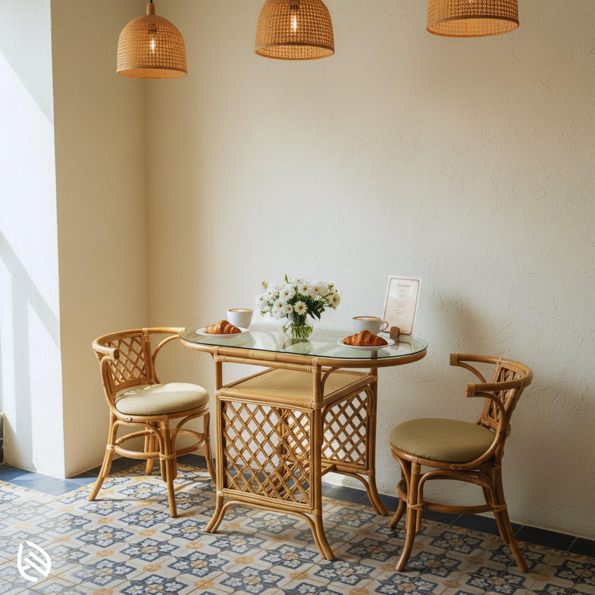 Cozy café nook with Twisted Twine rattan 2-seater set - oval glass dining table and two chairs under woven pendant lights with croissants and flowers.