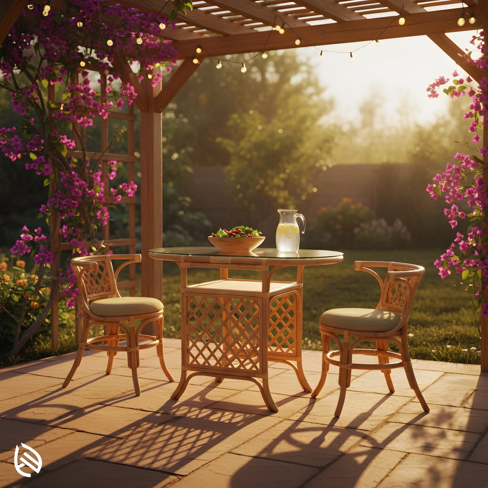 Garden pergola scene at sunset featuring Twisted Twine rattan two-seater set - oval glass table with lemonade and matching lattice-back chairs.