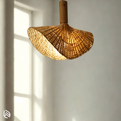Japandi bamboo pendant by sunlit window casting soft patterns