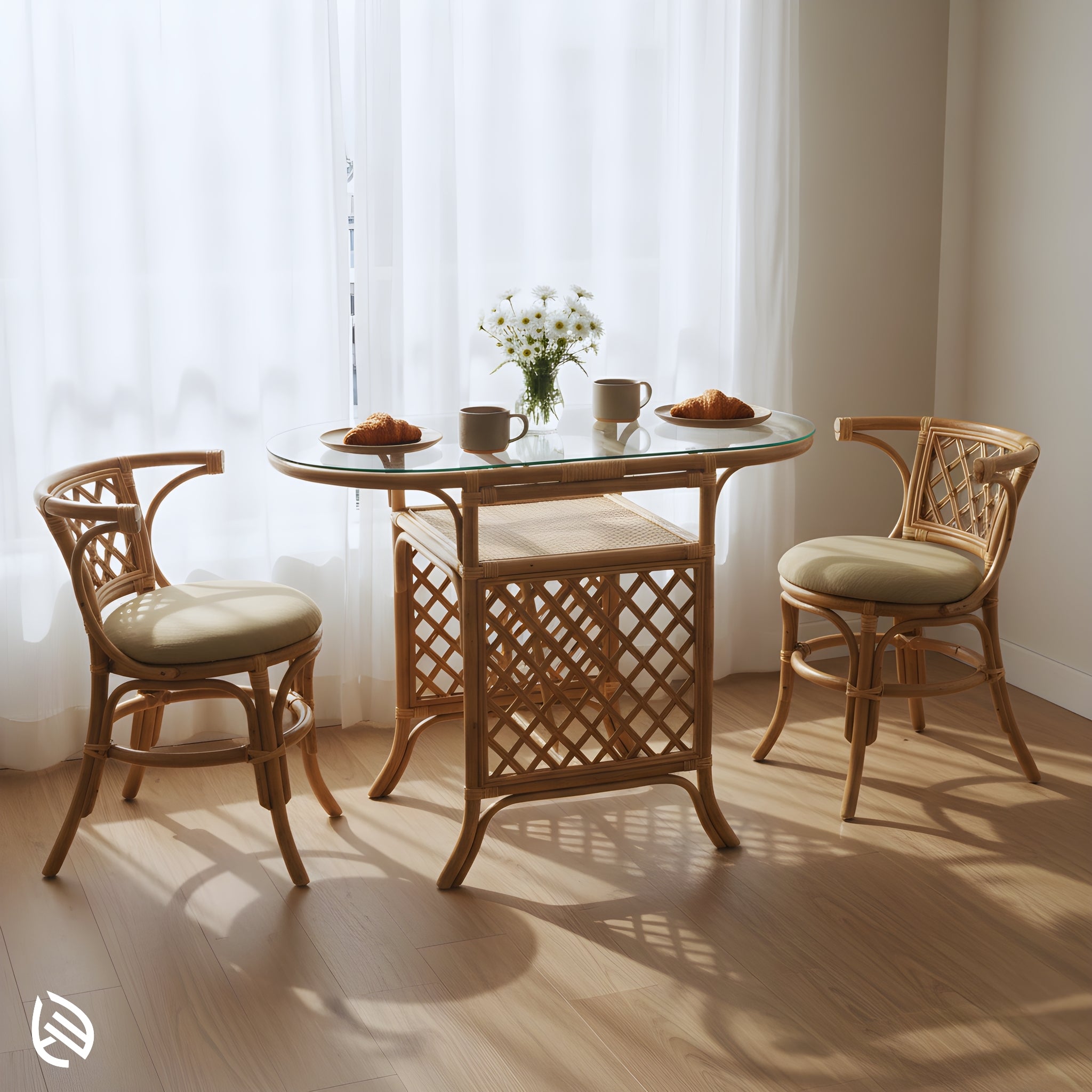 Bright dining corner with Twisted Twine rattan 2-seater - oval glass-top table styled with daisies, mugs, and croissants.