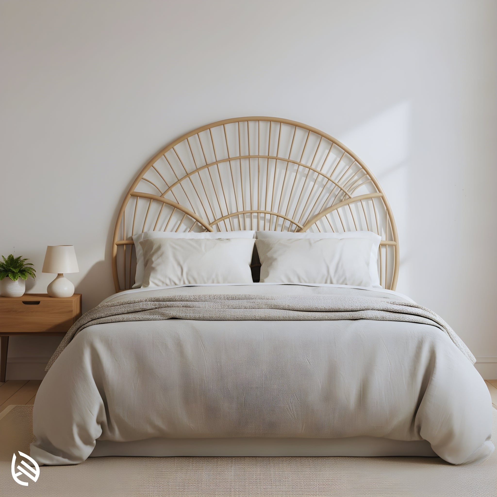 Casawave Rattan Headboard - arched natural rattan/cane headboard with wave sunburst design in a modern minimalist bedroom by EarthNWe.