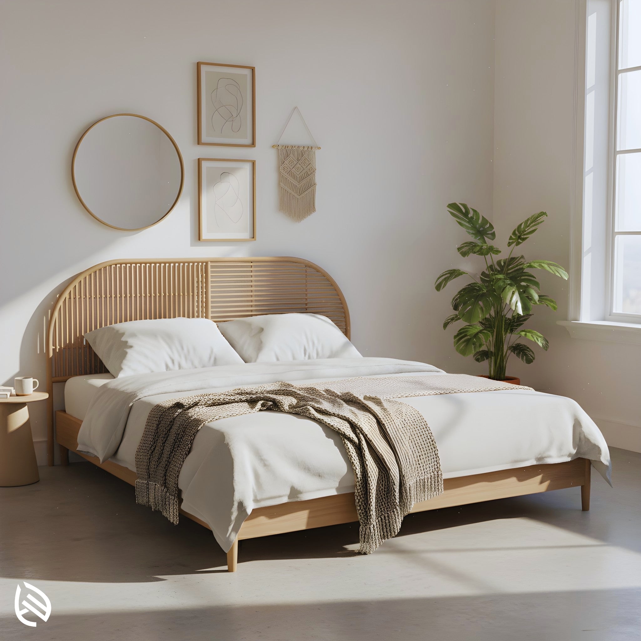 Arched natural rattan headboard on light wood bed in sunlit room.