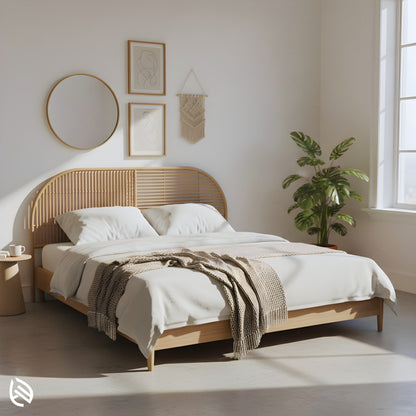 Arched natural rattan headboard on light wood bed in sunlit room.