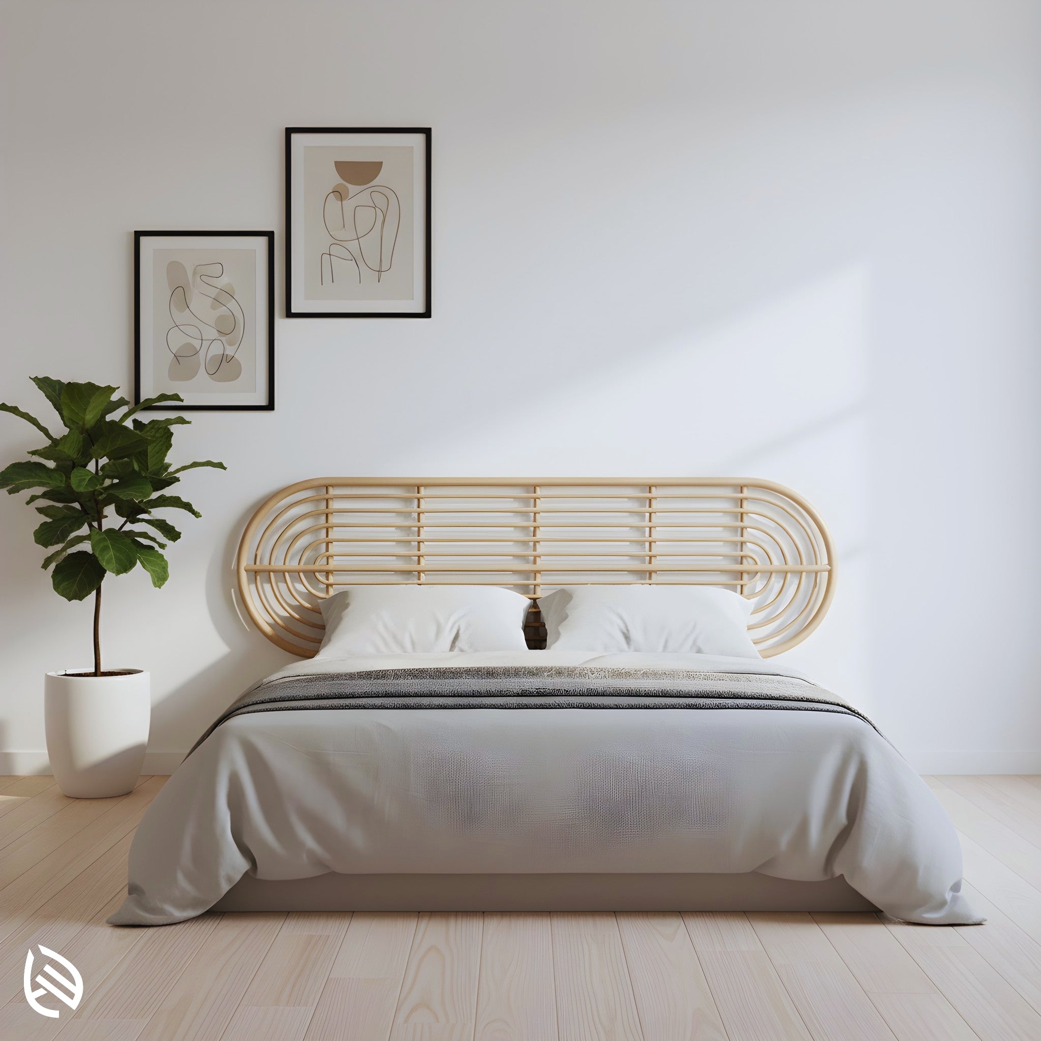 Loomline Rattan Headboard - curved, linear natural rattan/cane headboard with rounded ends on a minimalist bed in a sunlit modern bedroom by EarthNWe.