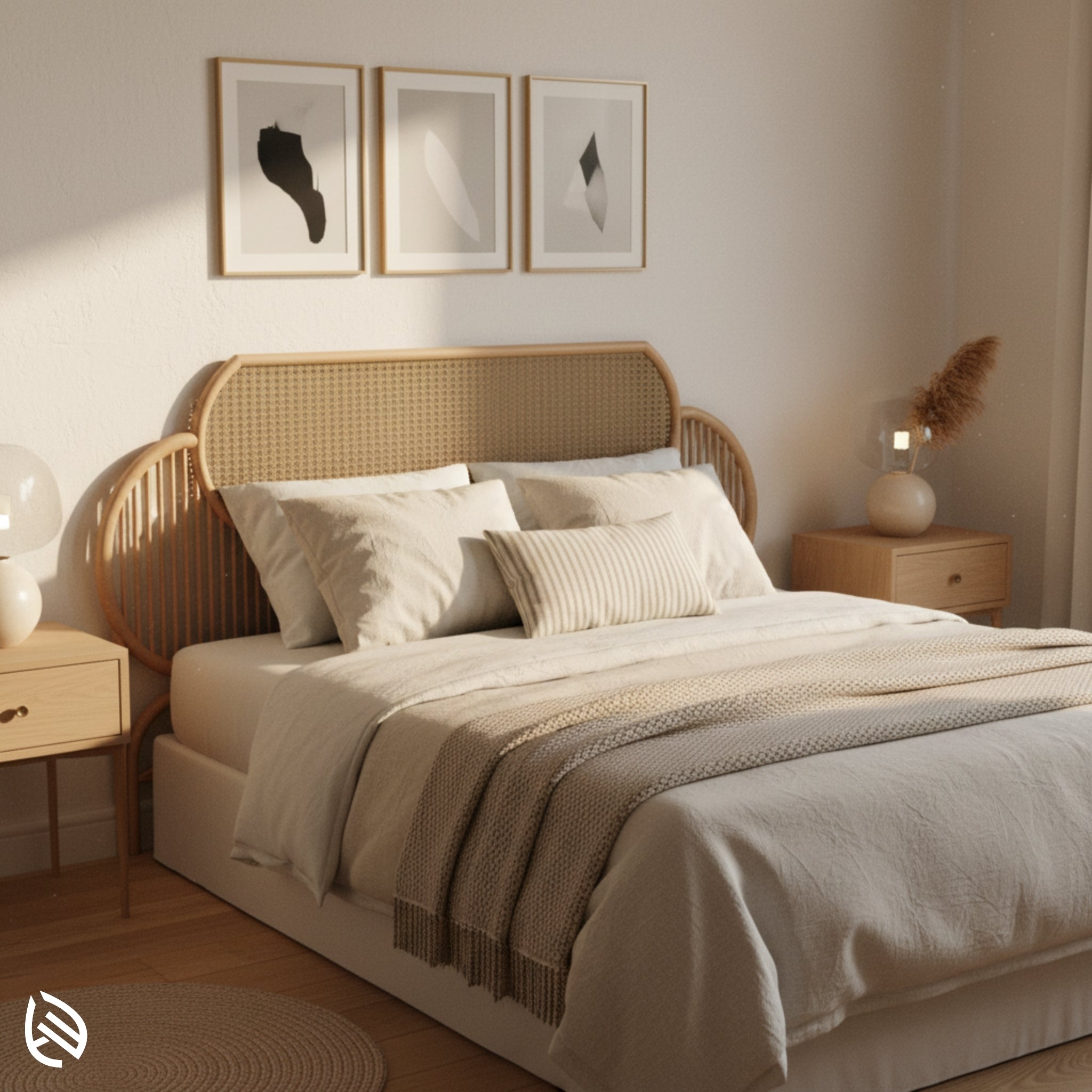 Scandisoul Rattan Headboard - natural rattan cane-webbing headboard with rounded Scandinavian design in a sunlit minimalist bedroom by EarthNWe.