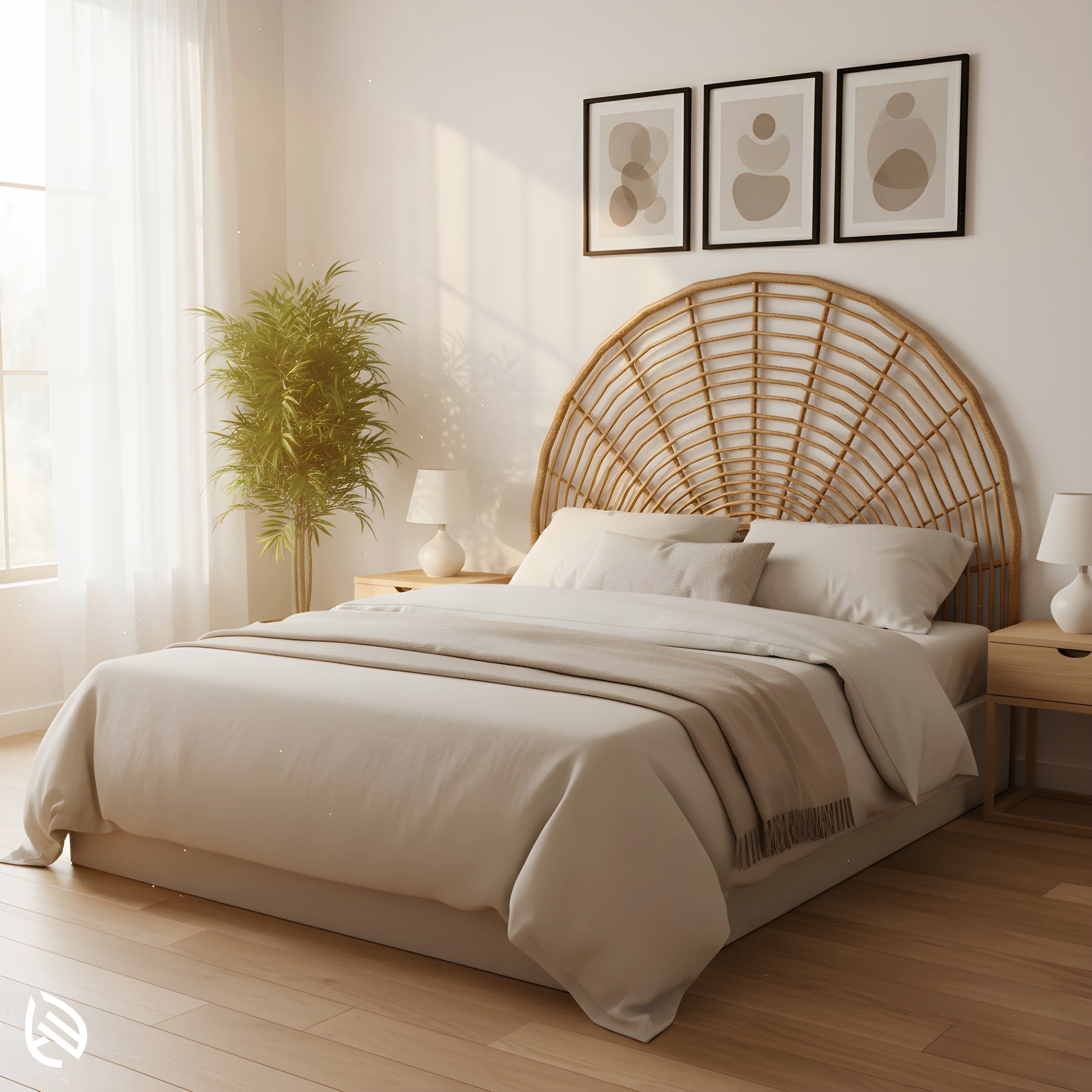Moonlit Rattan Headboard - arched natural rattan fan-weave headboard on a queen bed in a sunlit modern neutral bedroom by EarthNWe.