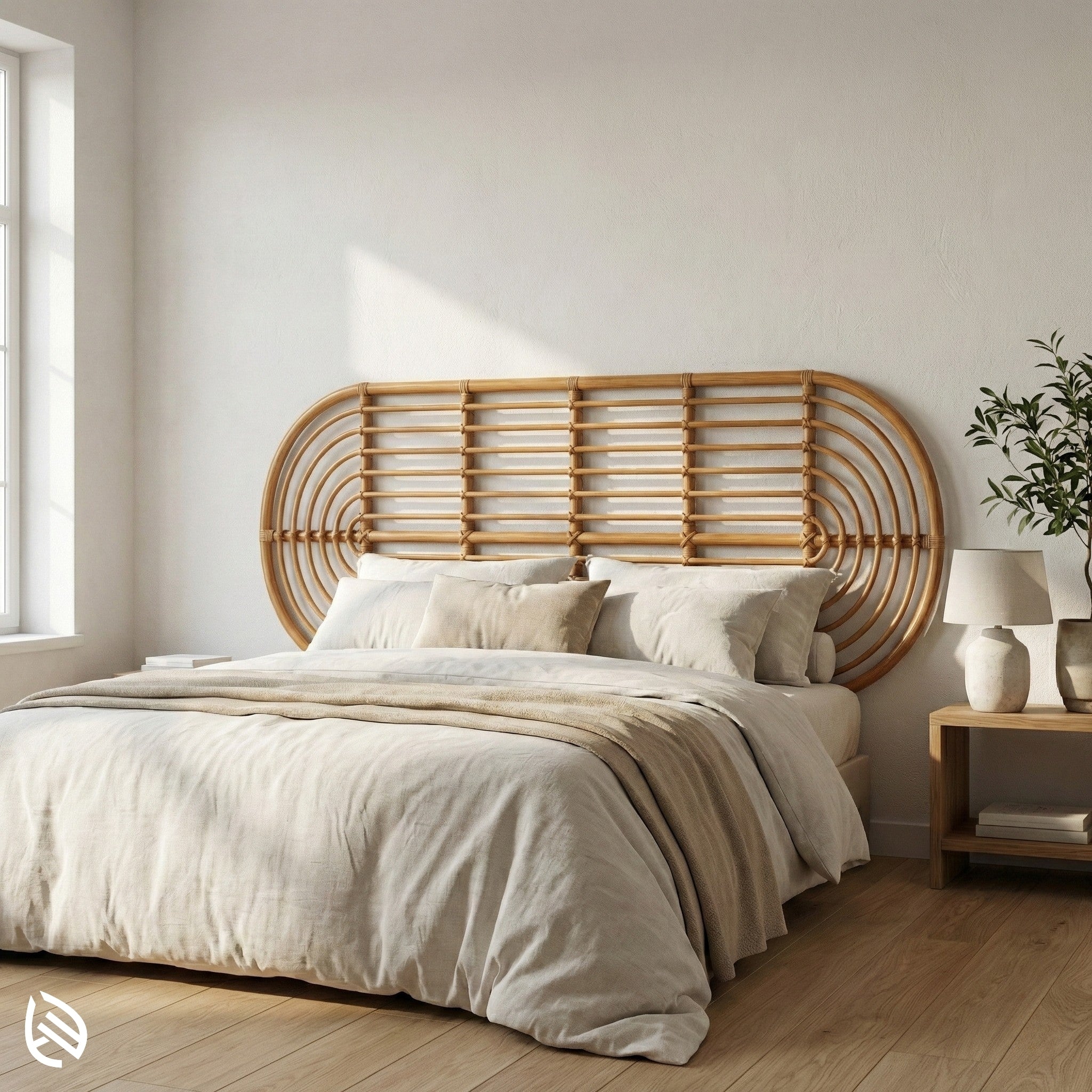 Bedroom with a rattan headboard and light bedding