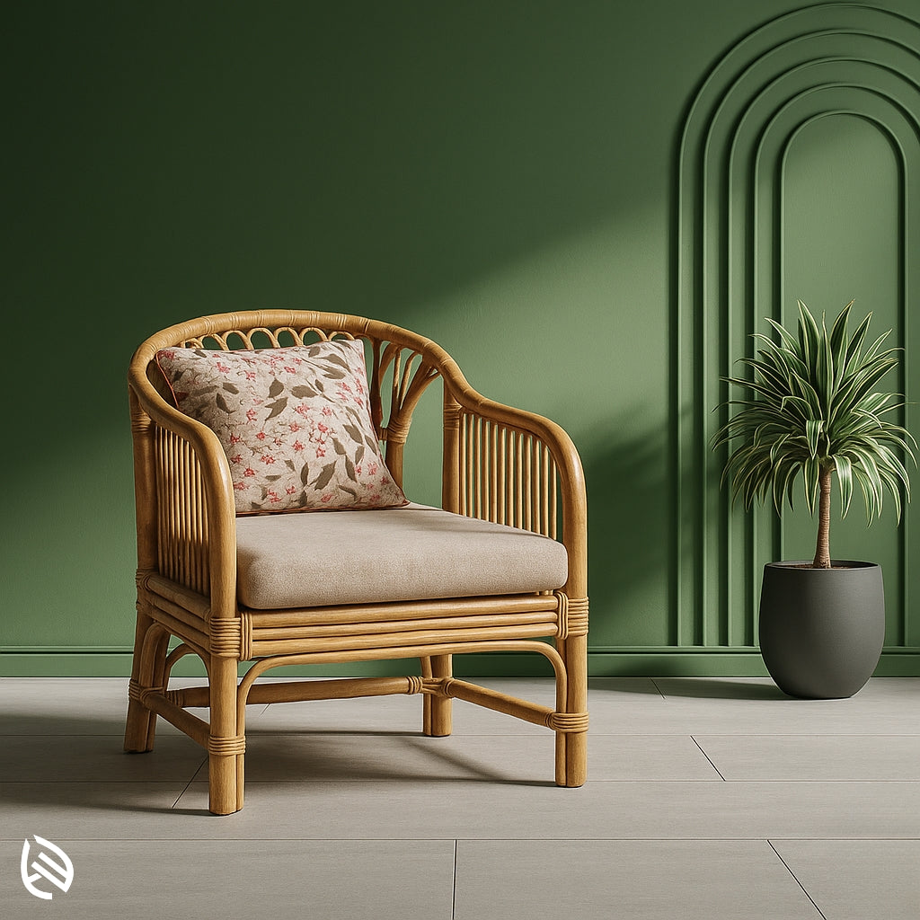 Low-profile natural rattan chair with cushioned seat and floral throw pillow for cozy corners