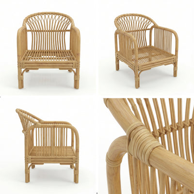 Wicker chair shown from multiple angles on a white background