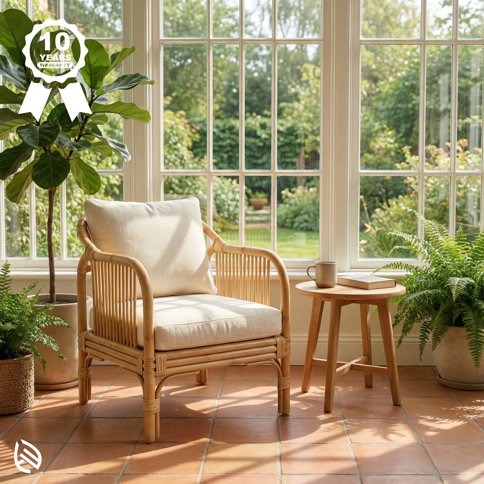 Rattan armchair with white cushion in a sunlit room with large windows and plants.