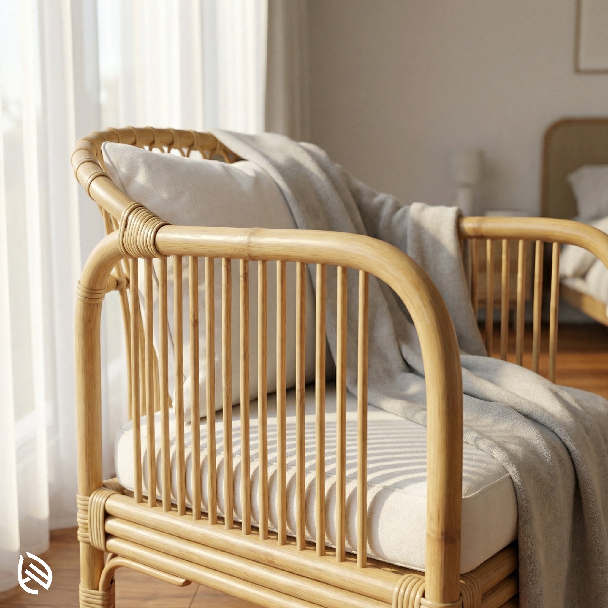 Wicker chair with white cushions and a blanket in a softly lit room.