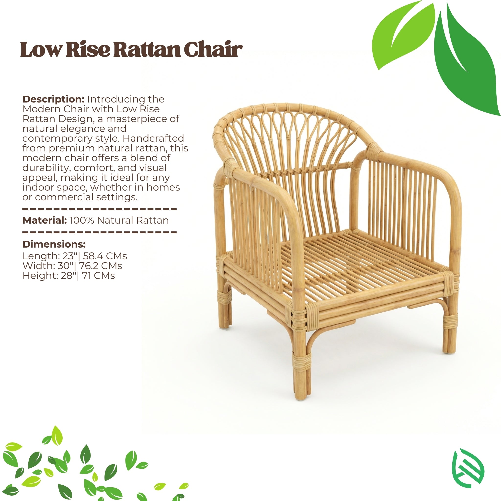 Low Rise Rattan Chair with product details on a white background