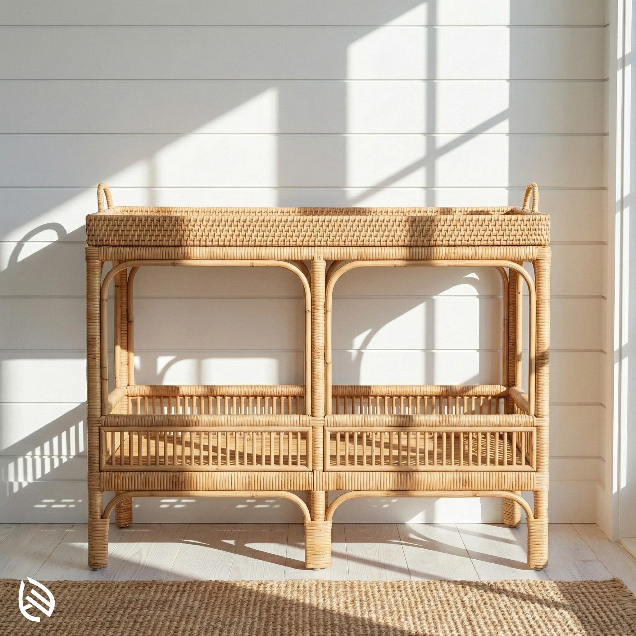 Woven rattan console in a bright room with sunlight filtering through.