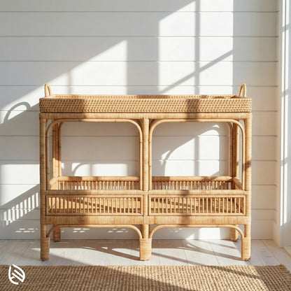Woven rattan console in a bright room with sunlight filtering through.