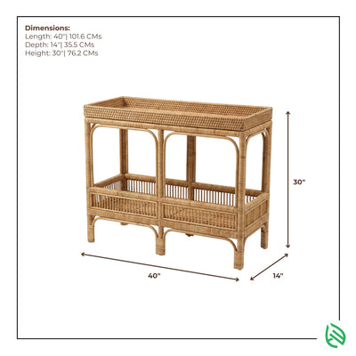 Wicker console table with dimensions labeled on a white background