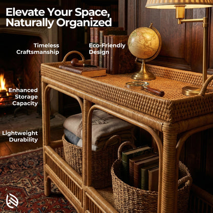 Wicker console table with decorative items in a warm, cozy room.