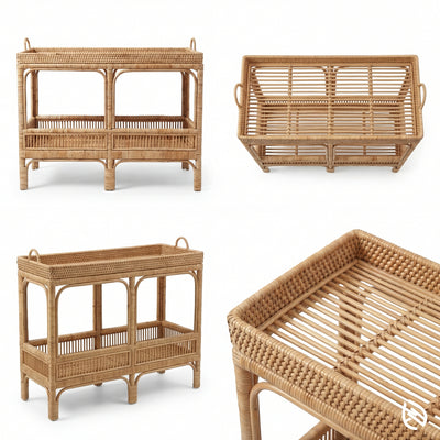 Console table angles, including a front, top, angled and closeup of shelves on a white background