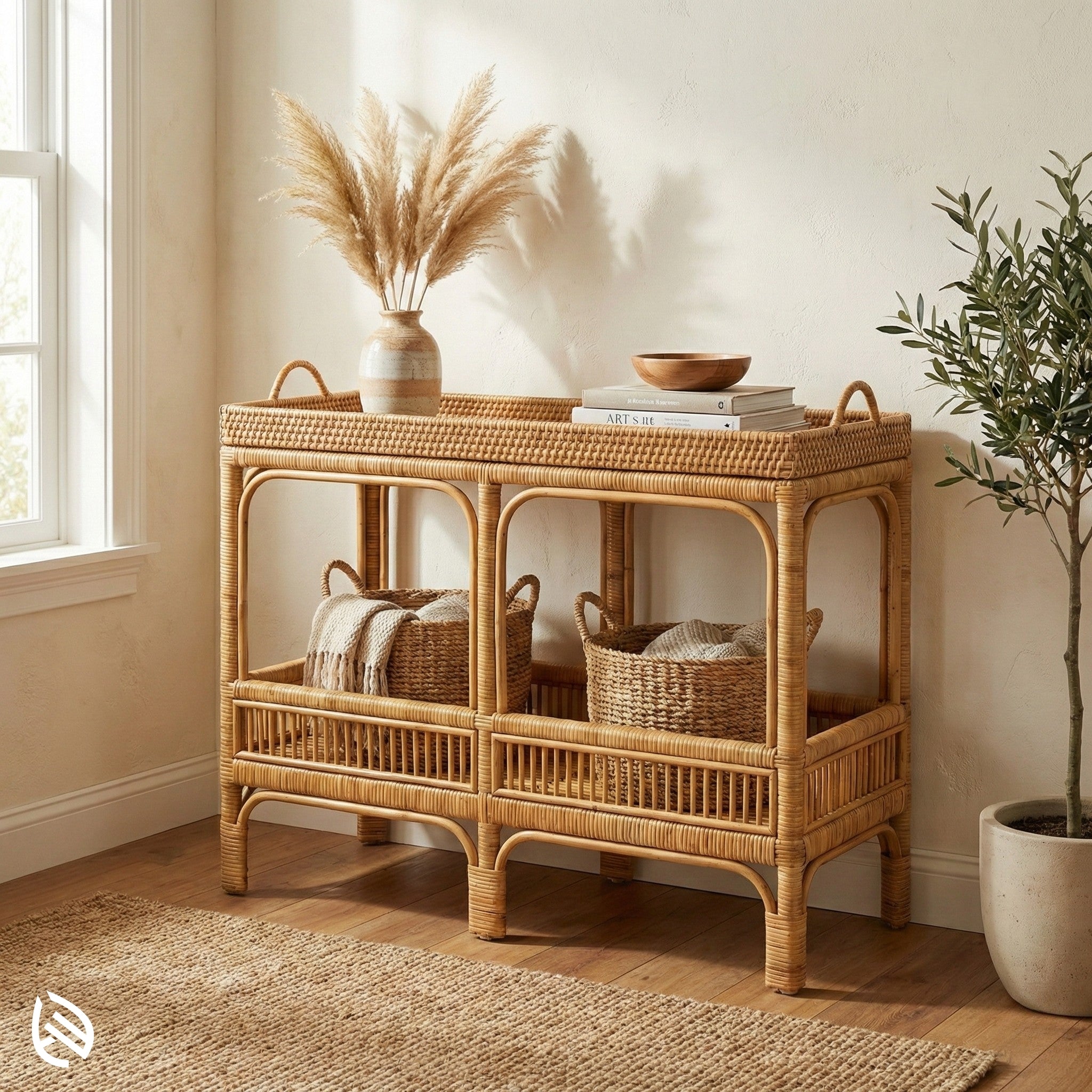 Wicker console table with decorative items in a room with a plant and window.
