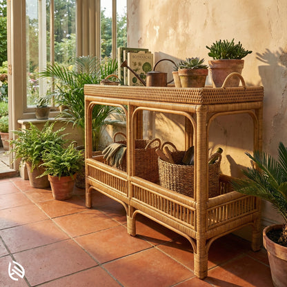 Wicker cabinet with potted plants in a sunlit room