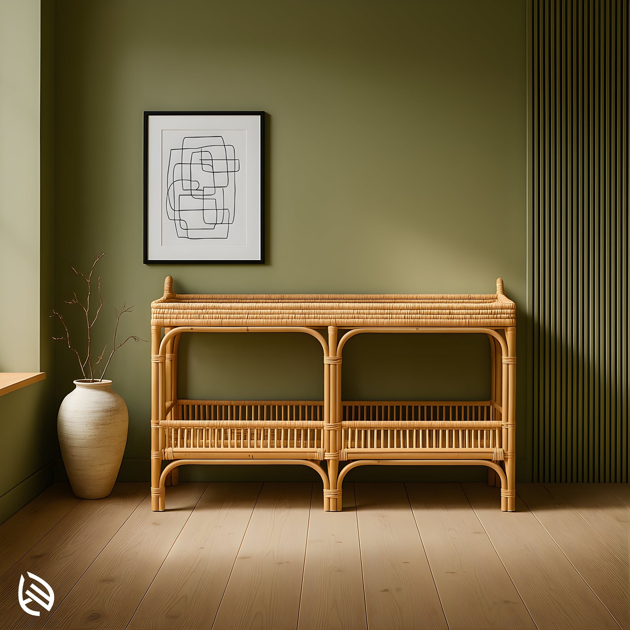 Multi-Purpose Marvel Console Table in natural rattan - two-tier woven console with tray top and lower slatted shelf, ideal as entryway or sofa table.