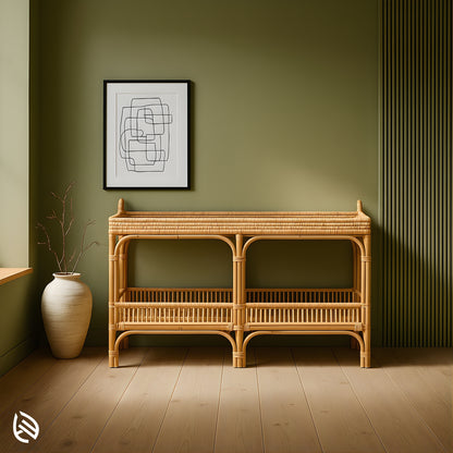 Multi-Purpose Marvel Console Table in natural rattan - two-tier woven console with tray top and lower slatted shelf, ideal as entryway or sofa table.