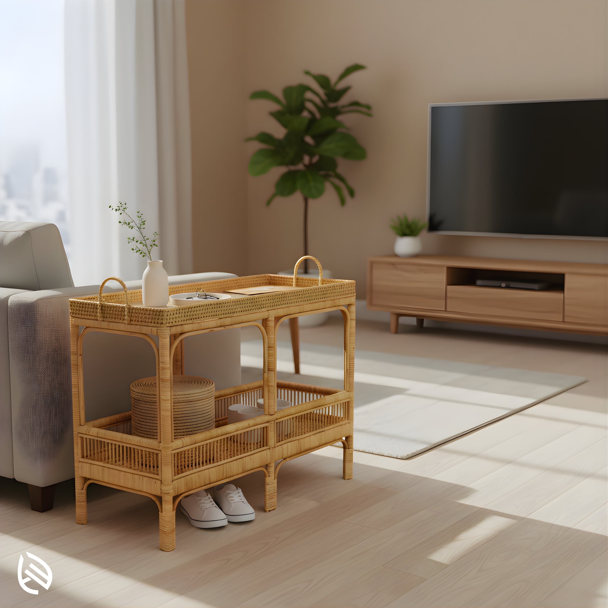 Rattan console used in living room - Multi-Purpose Marvel Console Table with storage shelf and tray top, lightweight two-tier entryway organizer.