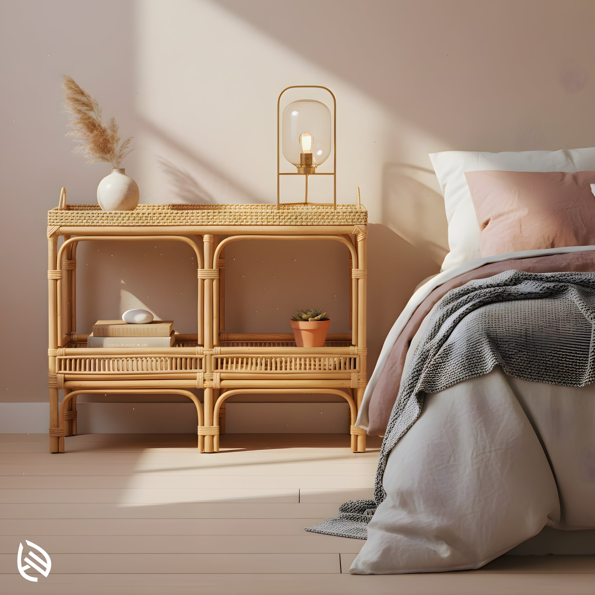 Bedroom vignette with natural rattan console - Multi-Purpose Marvel Console Table as nightstand/sideboard, two-tier storage and woven tray top.