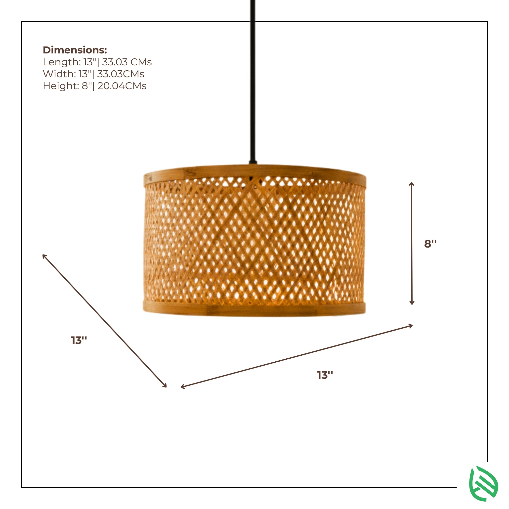 Dimensions graphic - Minimal Nest bamboo drum pendant 13 × 13 × 8 inches with measurement arrows.