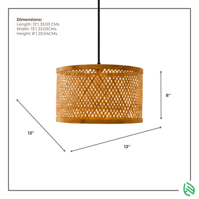 Dimensions graphic - Minimal Nest bamboo drum pendant 13 × 13 × 8 inches with measurement arrows.