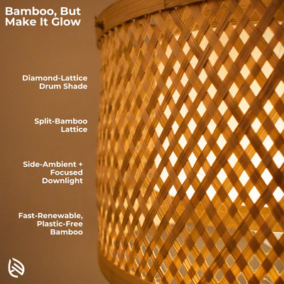 Feature graphic: diamond-lattice drum, side ambience and focused downlight, split-bamboo weave.