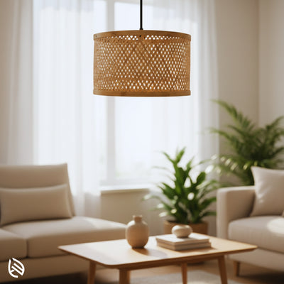 Minimal Nest bamboo pendant in bright living room; clean drum shade with daylight and plants.